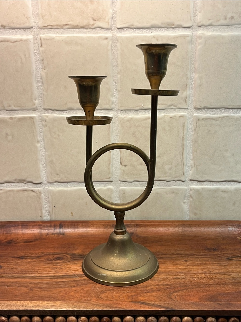 Brass Double Horn Trumpet Candle Holder - Vintage